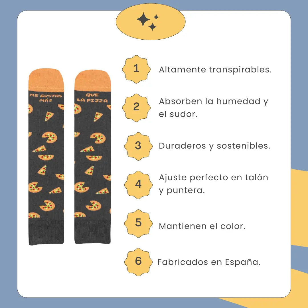 Calcetines Me Gustas Más Que La Pizza - Algodón OEKO-TEX, fabricados en España