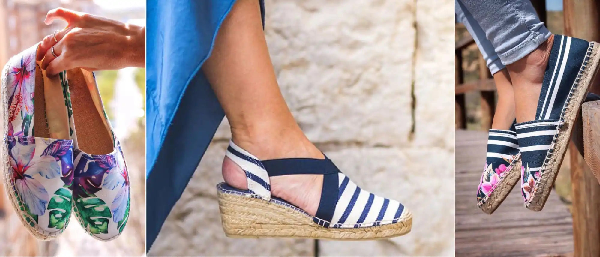Una colección de zapatos de esparto, que incluye sandalias planas de estampado floral, cuñas a rayas en azul marino y blanco, y sandalias planas con rayas azules marinas con puntas florales.