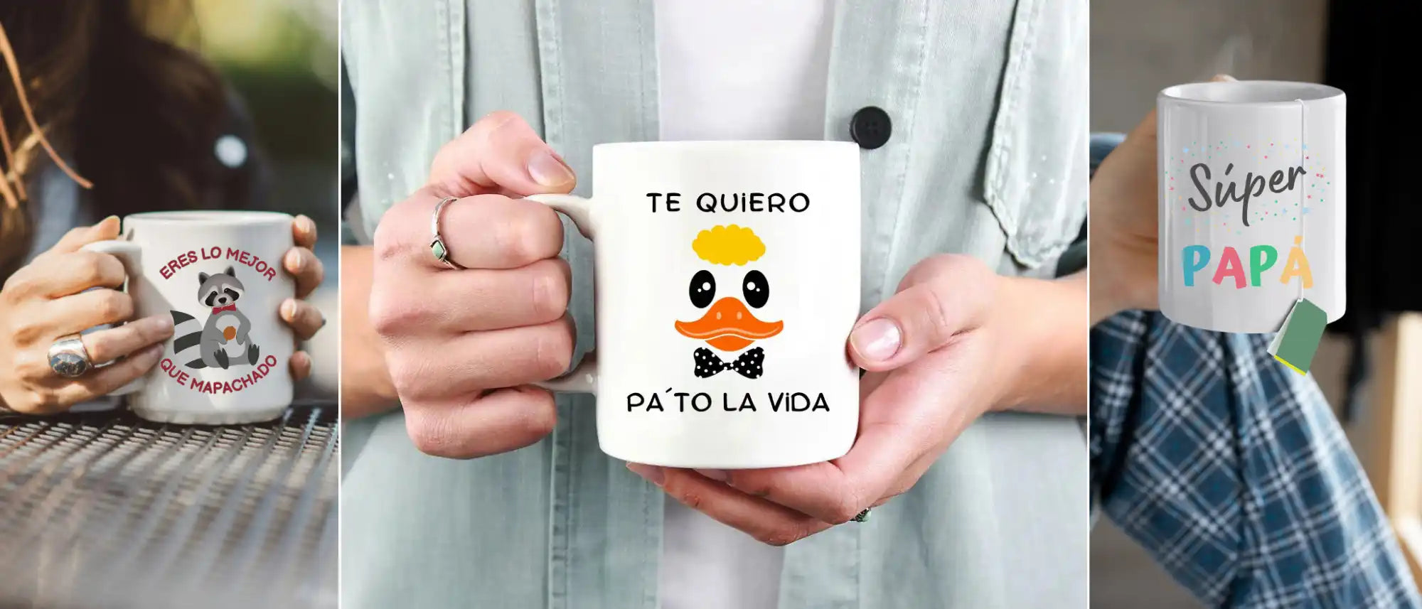 Tres tazas de cerámica blancas con varios diseños.