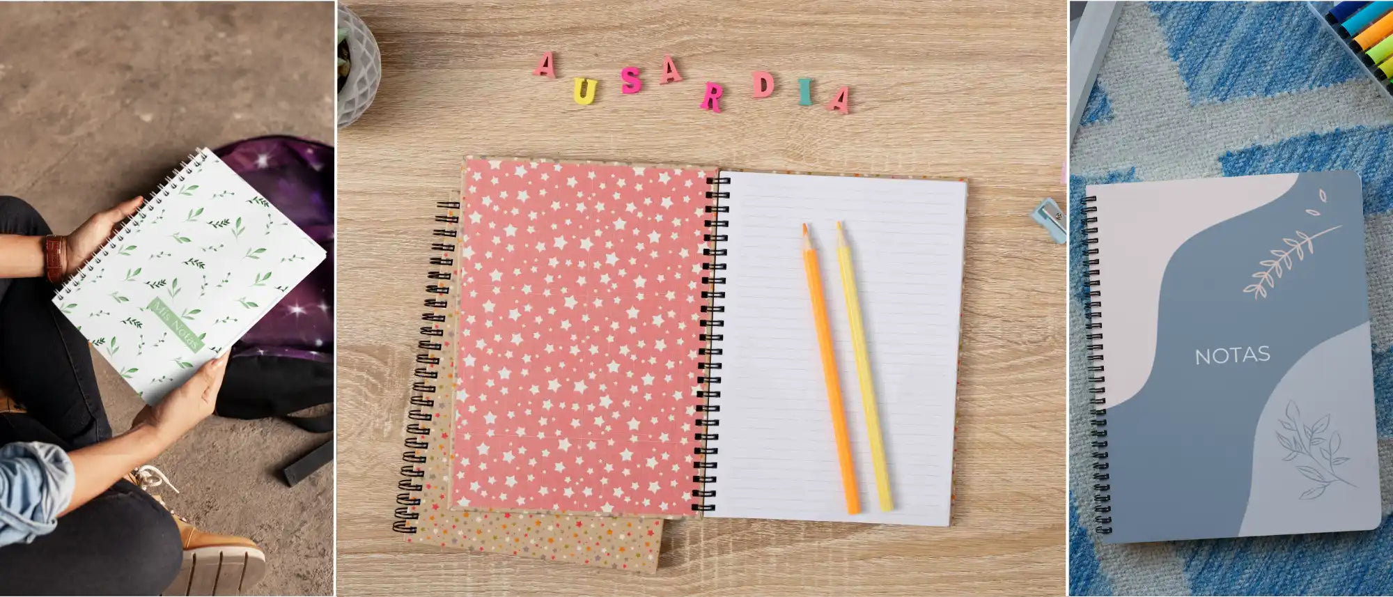 Tres cuadernos encuadernados en espiral con diferentes diseños de portada.