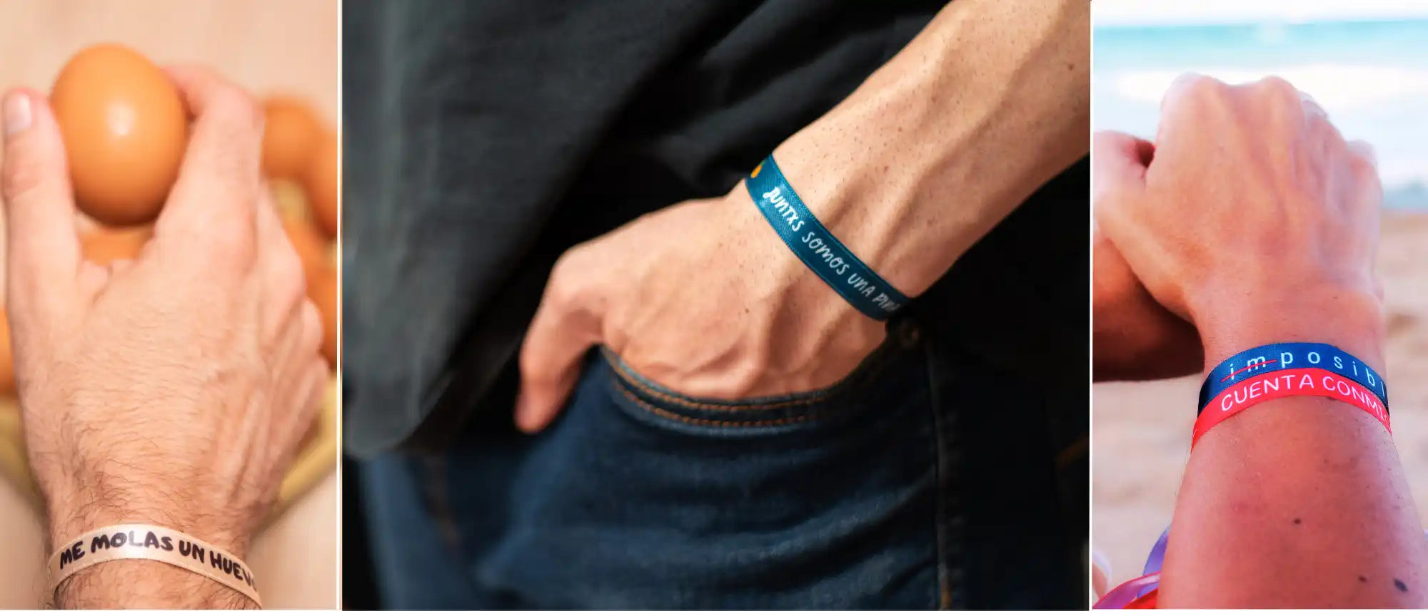 Tres personas usando pulseras únicas.