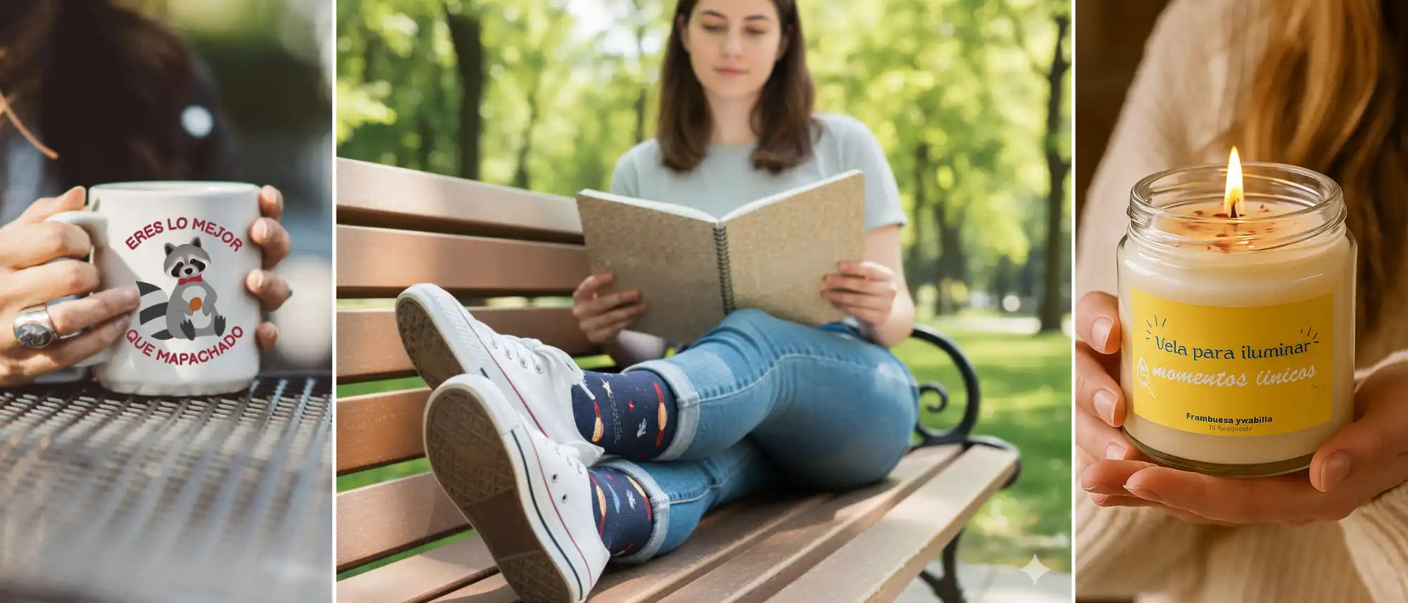 Tres tomas de productos con temática de comodidad: una taza con una ilustración de una mofeta, una mujer leyendo un libro en un banco del parque y una vela aromática encendida.