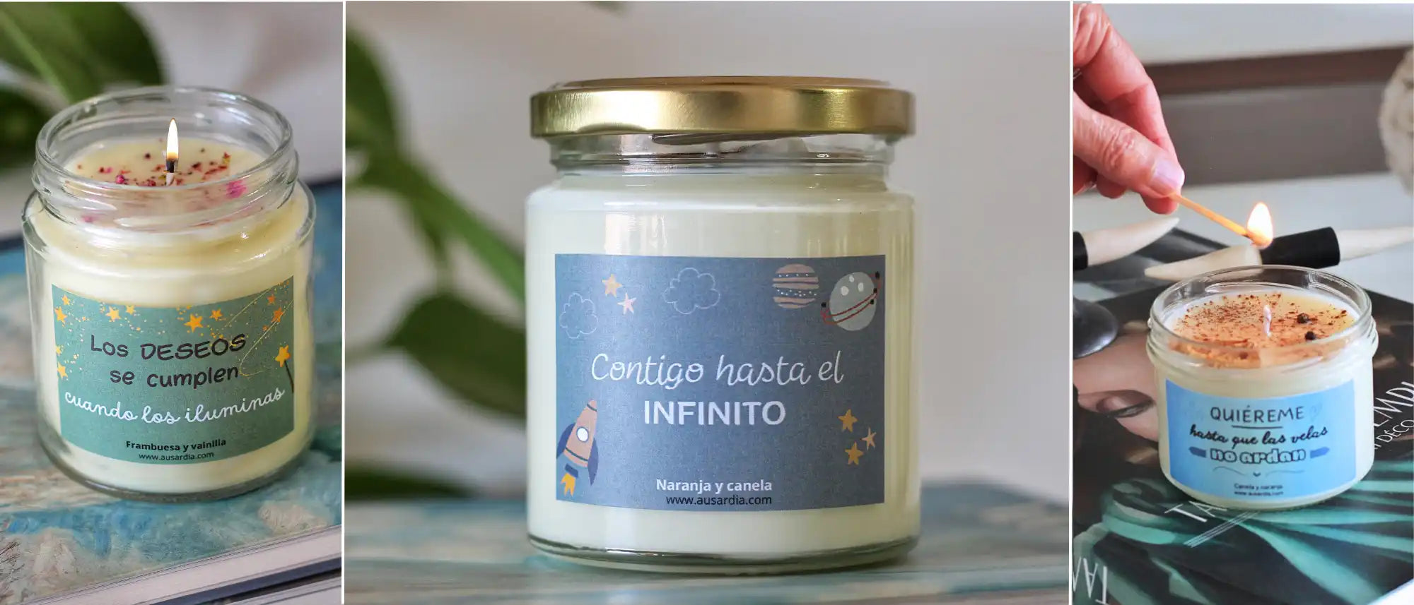 Tres velas en frascos de vidrio, dos con tapas y una encendida, cada una con una etiqueta decorativa.