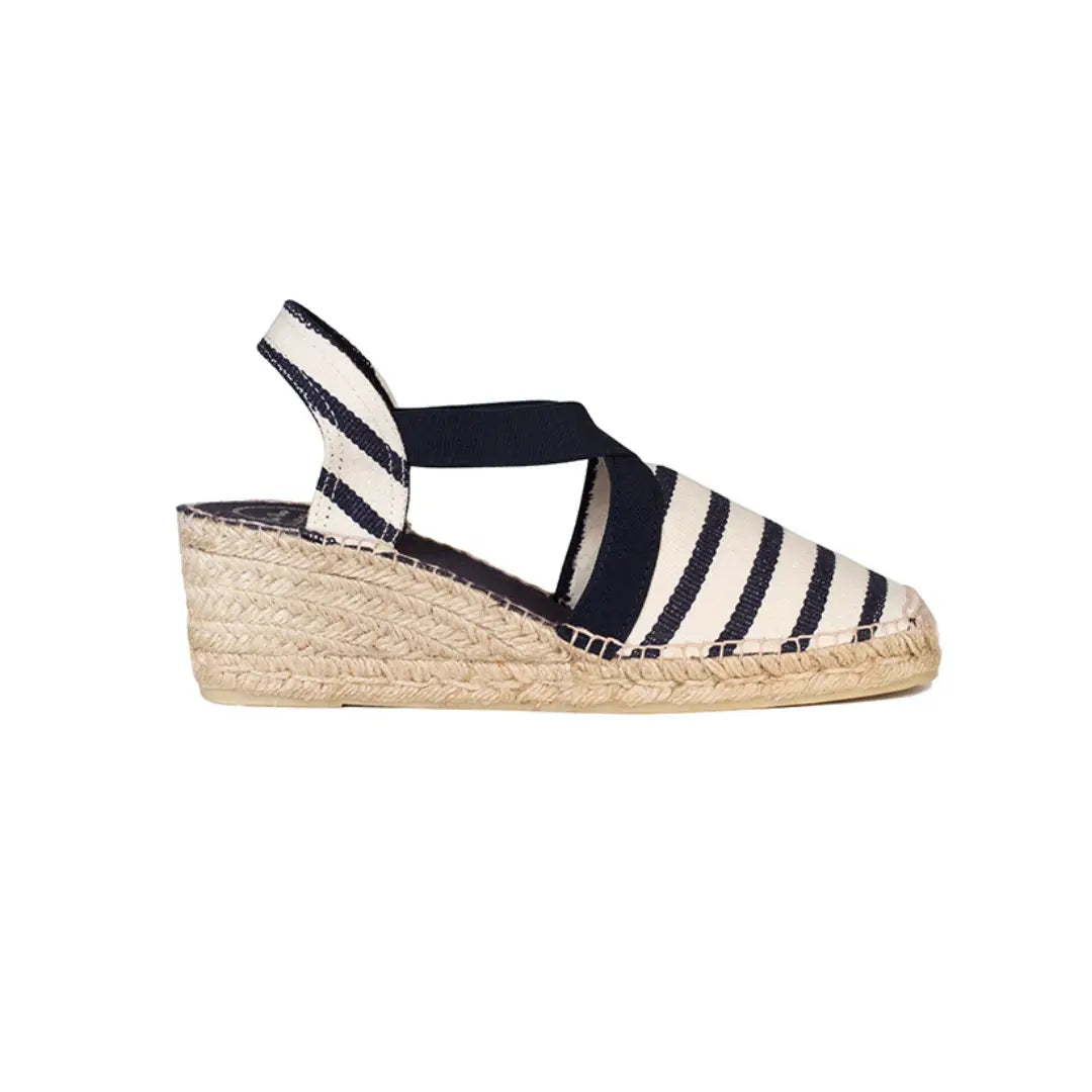 Vista lateral alpargatas Tarbes Marino rayas azul cuña 4cm – espadrilles cosidas a mano España Ausardia
