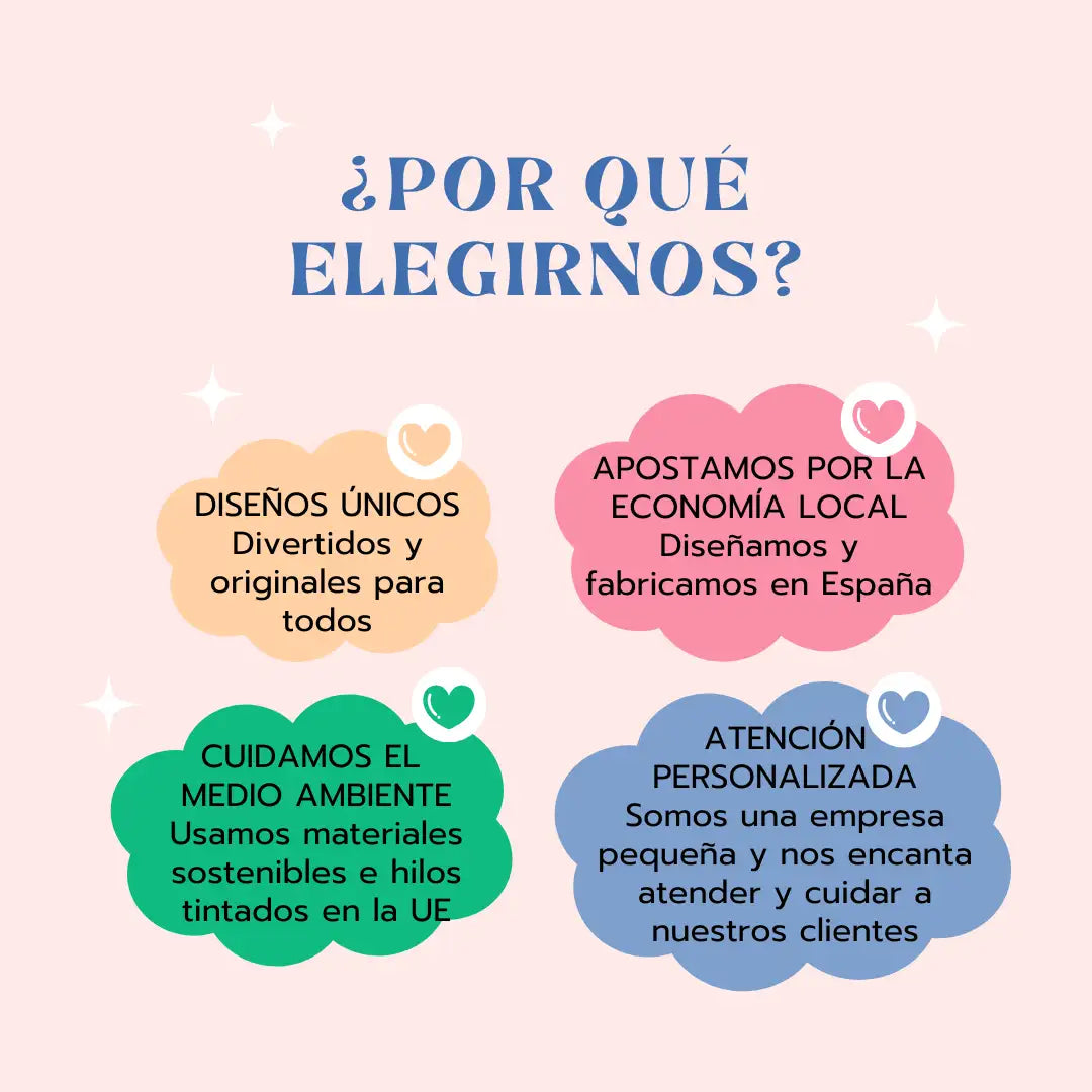 Burbujas de texto en forma de nubes rosadas, melocotón, verdes y azules con iconos de corazón blanco sobre un fondo rosa claro.