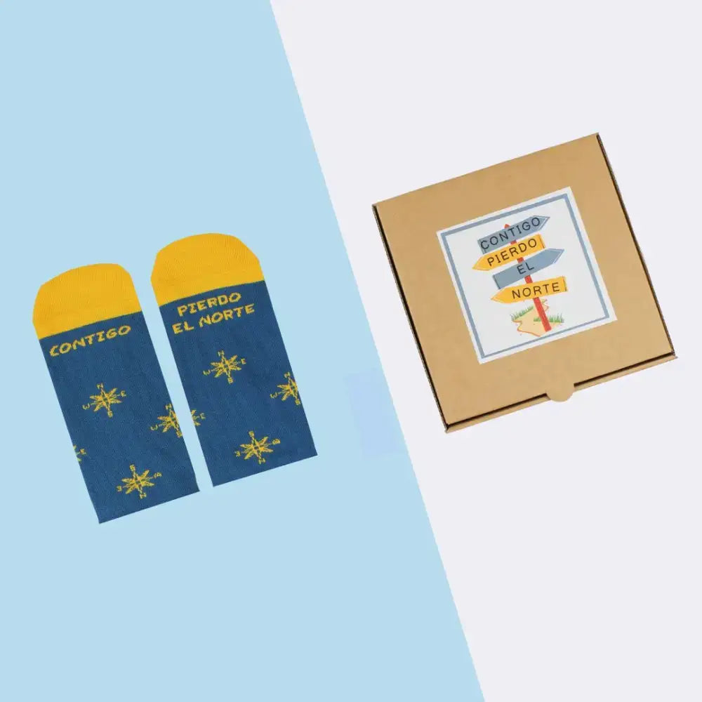 Calcetines Contigo Pierdo El Norte - Regalo romántico para parejas con caja kraft