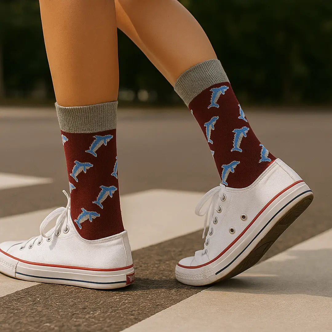 Calcetines Delfines Burdeos - Vista principal con diseño de delfines azules y celestes