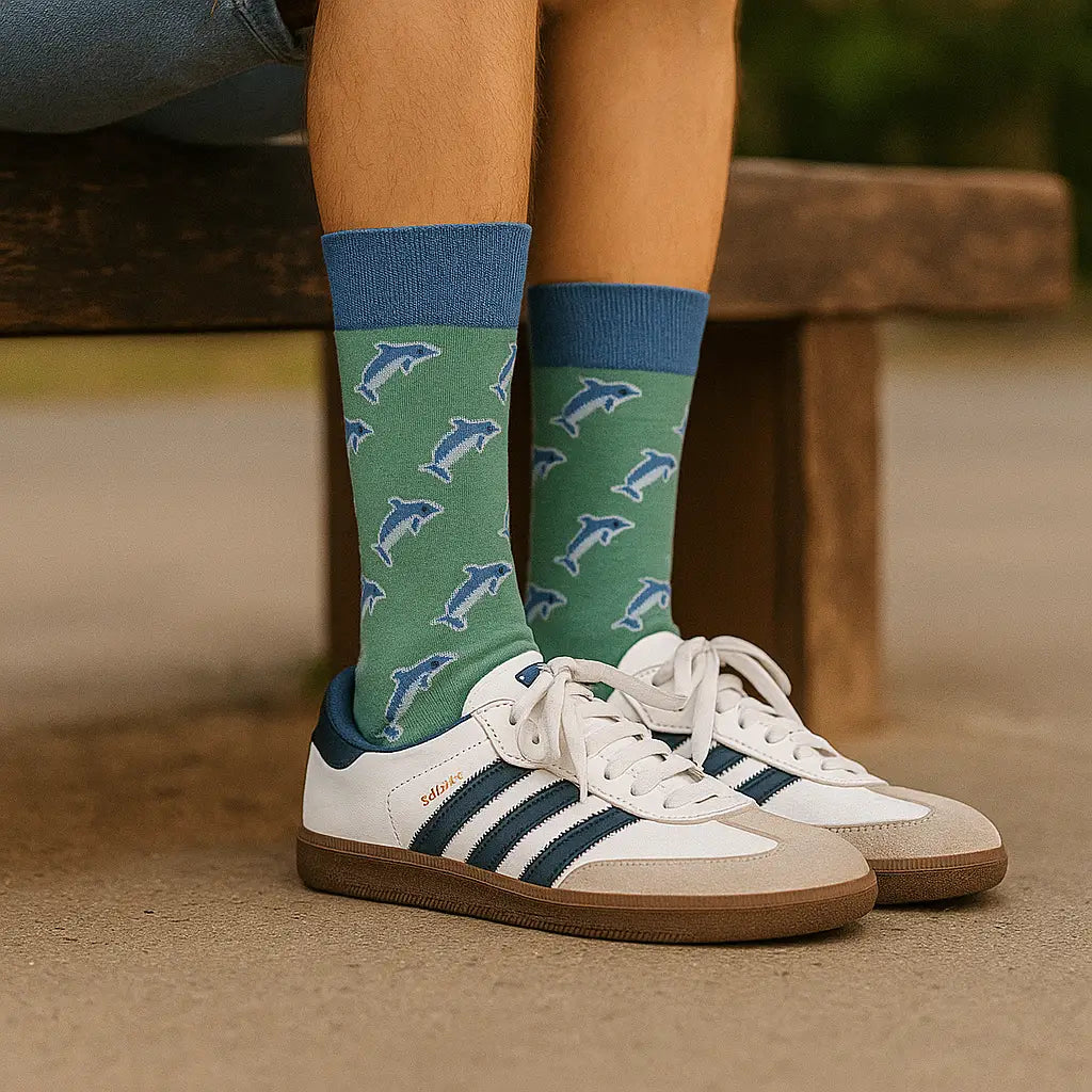 Calcetines Delfines Verdes - Vista principal con diseño de delfines sobre fondo verde