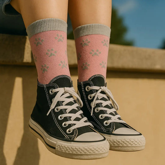 Calcetines Huellas Rosa - Vista principal con diseño de huellas de perro grises sobre fondo rosa