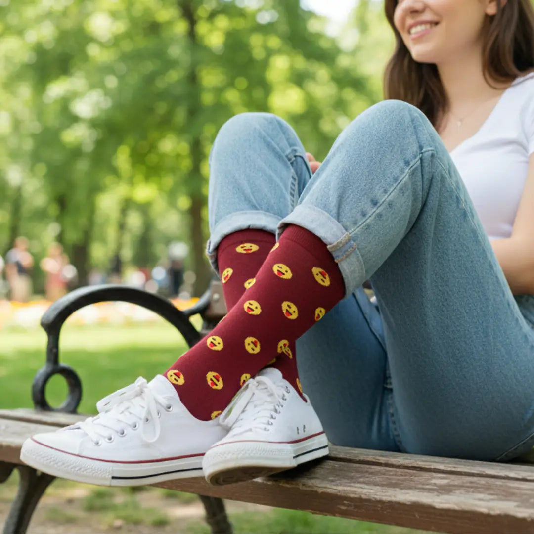 Calcetines Me Tienes Loquito Perdío - Vista principal color burdeos con emojis