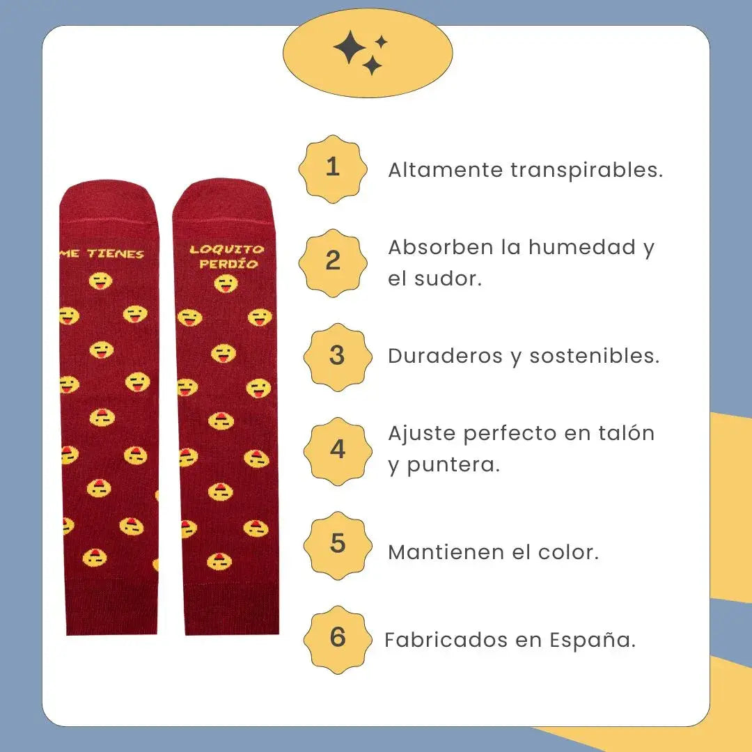 Calcetines burdeos con mensaje "Me tienes loquito perdío" y emojis, presentados en caja kraft de regalo para parejas