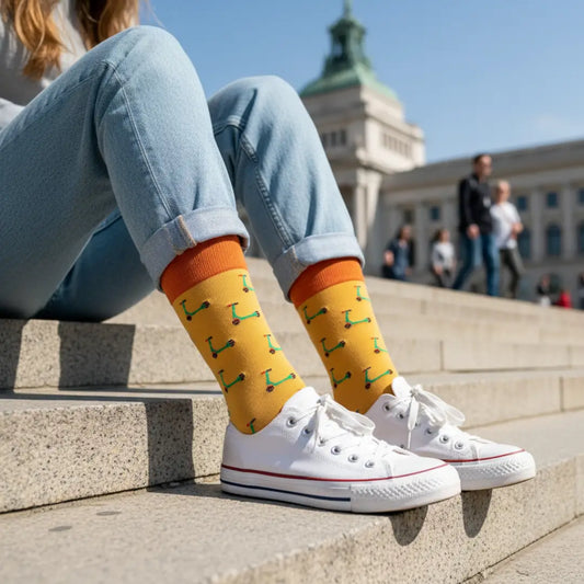 Calcetines Patinetes Amarillo - Vista principal con estampado de patinetes verdes, unisex