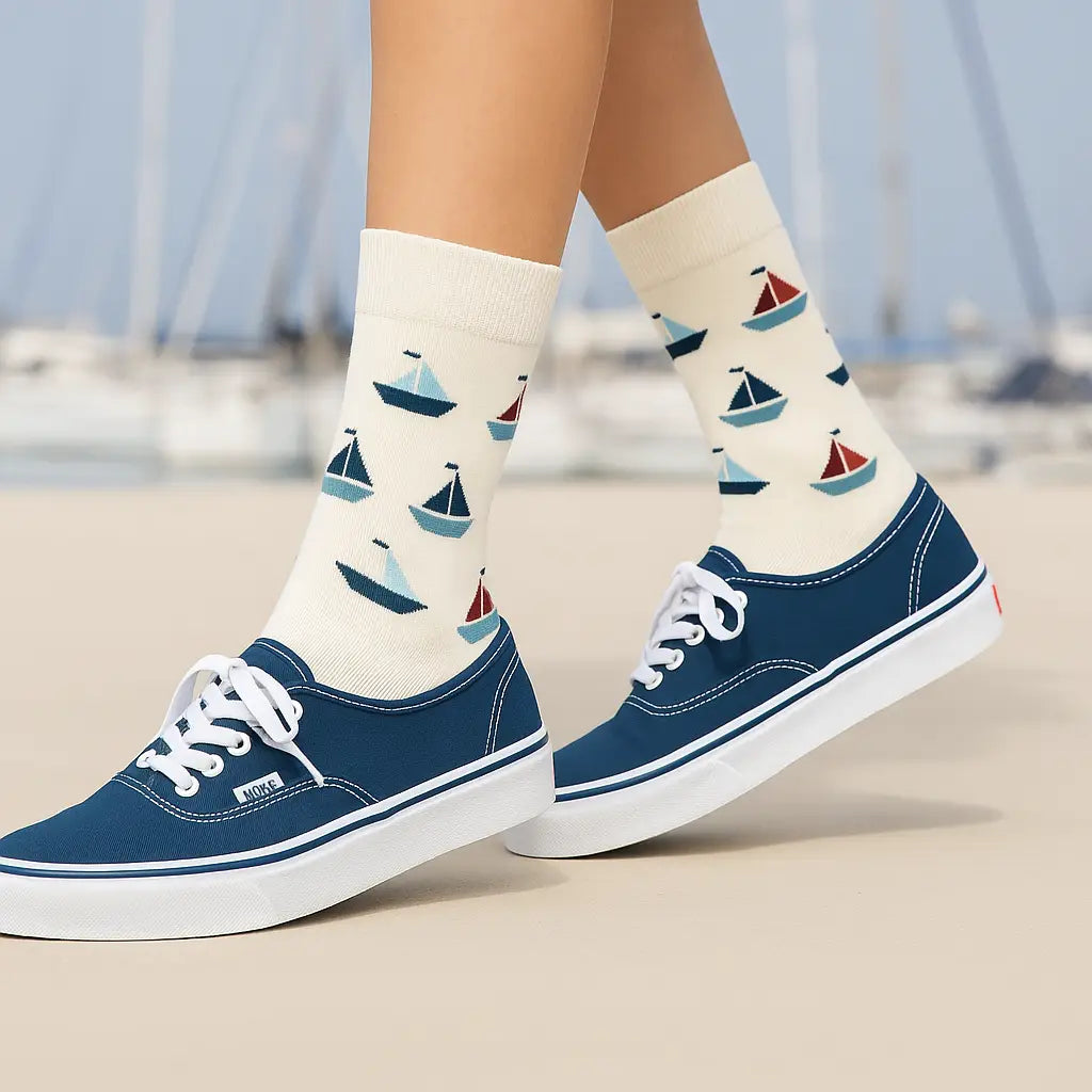 Calcetines Veleros Beige - Vista principal con estampado náutico de veleros, unisex fabricados en España
