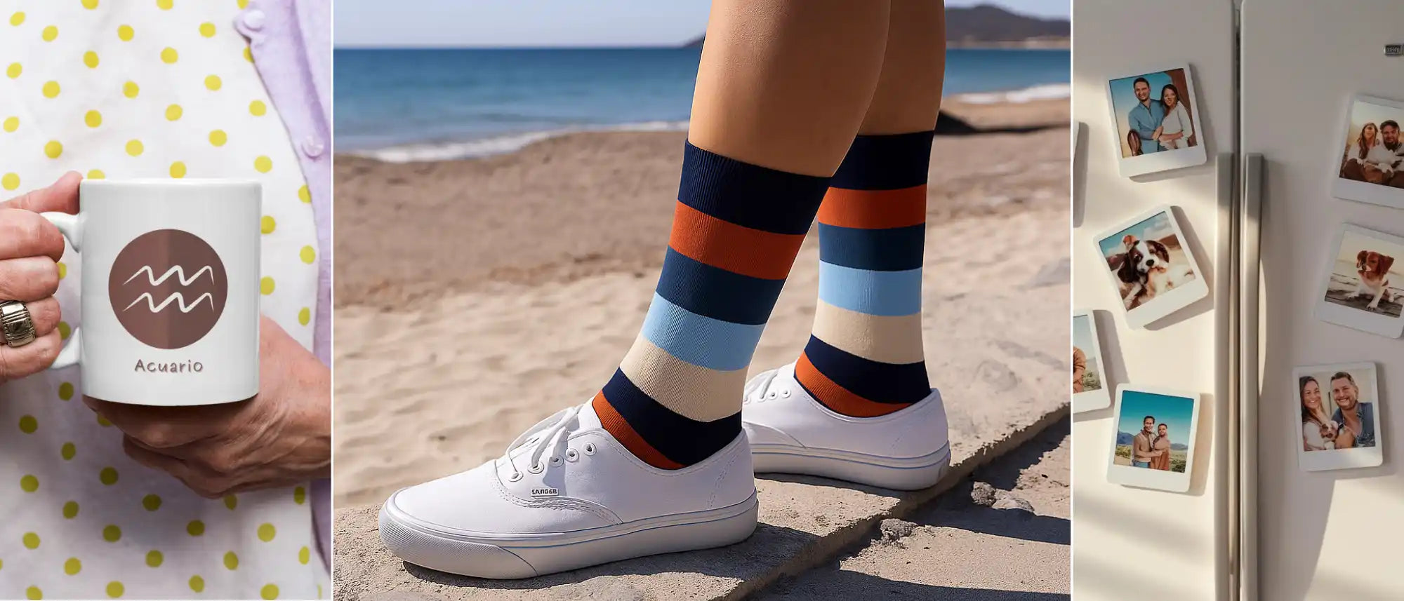 Un collage que presenta una taza con un signo del zodiaco, calcetines a rayas con zapatillas blancas en una playa, y imanes de fotos en una nevera.