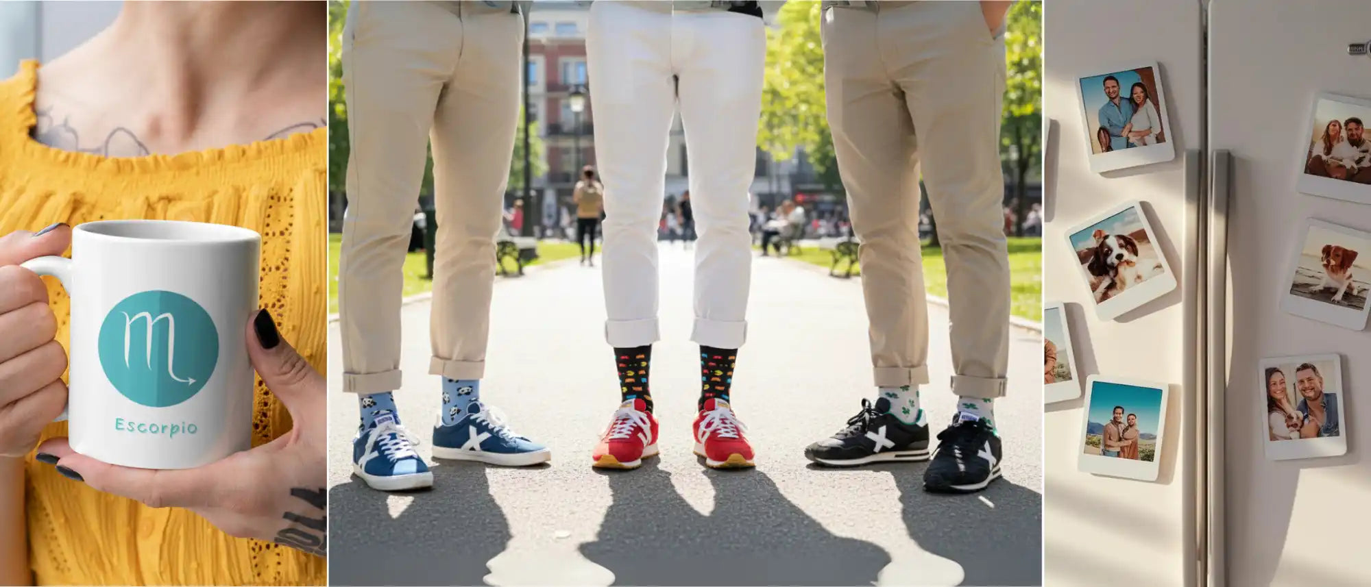 Un conjunto de tres fotos de productos de estilo de vida que incluyen una taza, tres pares de zapatillas con calcetines con estampados y varios imanes de fotos en un refrigerador.