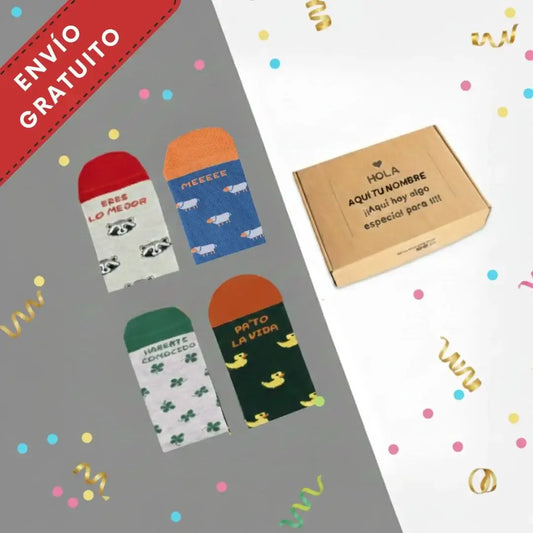 Pack calcetines encantadxs plus con cuatro calcetines coloridos de material suave y diseños de animales y frases divertidas