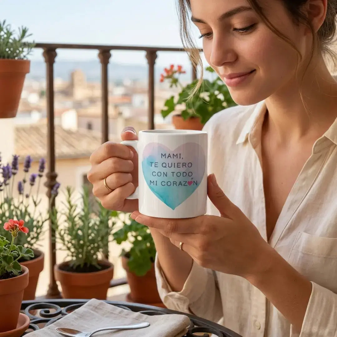 Taza blanca de cerámica con diseño de corazón azul y rosa y texto en español para mamá especial