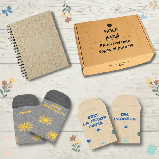 Pack mejor mamá calcetines grises con soles amarillos sonrientes y texto eres un sol para día de la madre