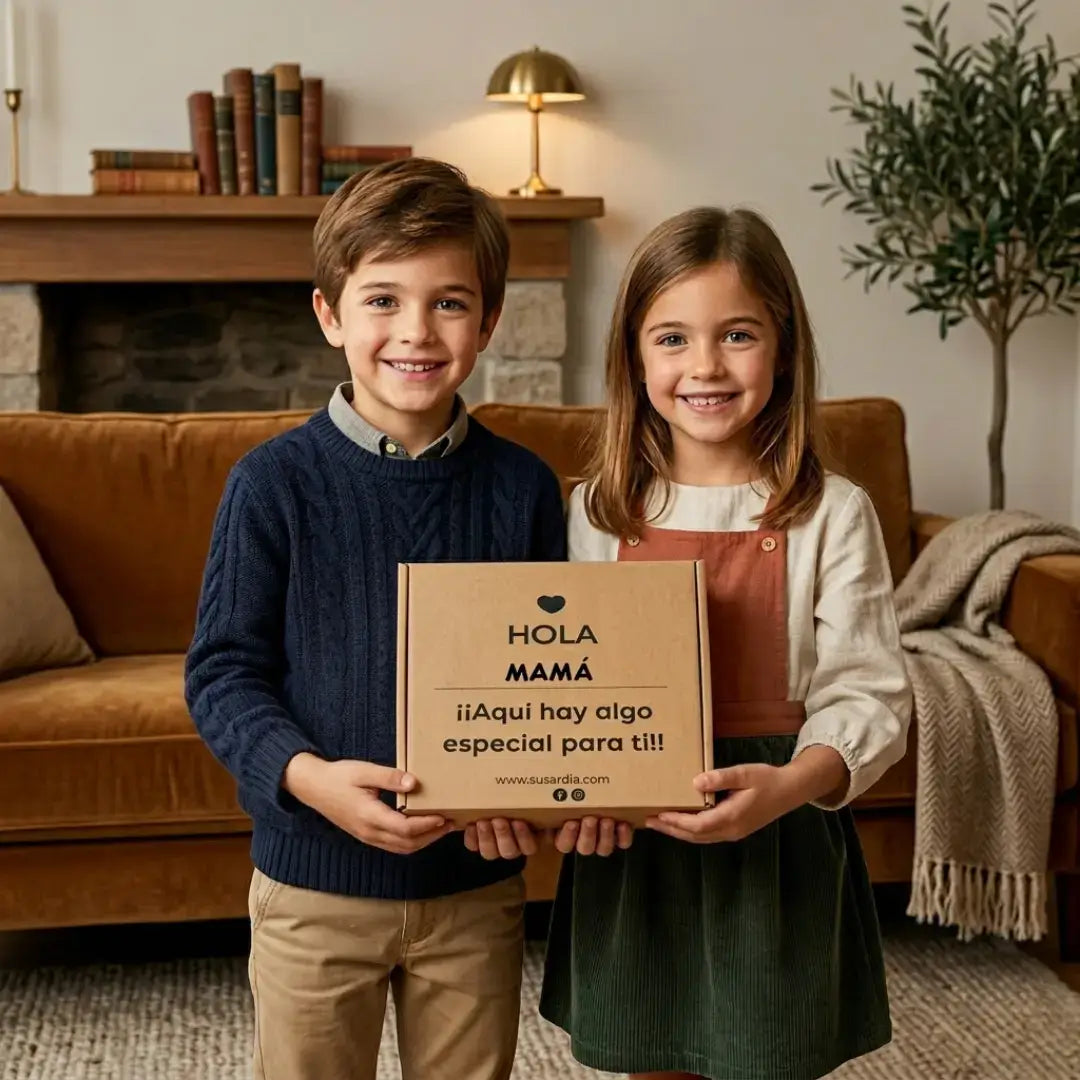 Dos niños sosteniendo la caja regalo SúperMamá – pack Día de la Madre calcetines y libreta Ausardia