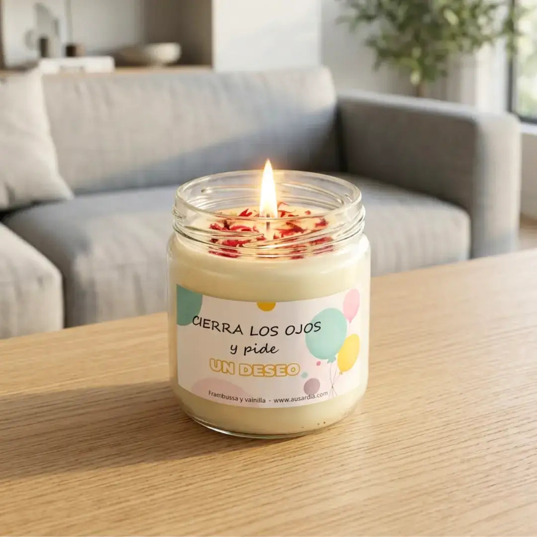 Vela de soja 350ml aroma frambuesa y vainilla pack regalo cumpleaños Ausardia
