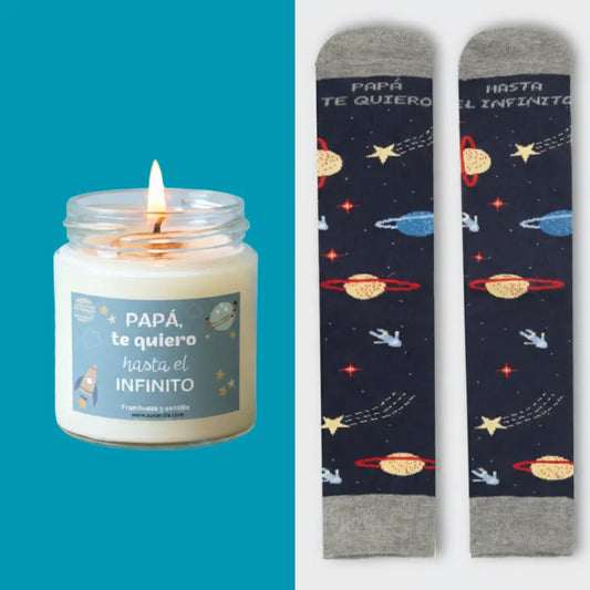 Pack regalo dia del padre. Calcetines y vela con mensaje
