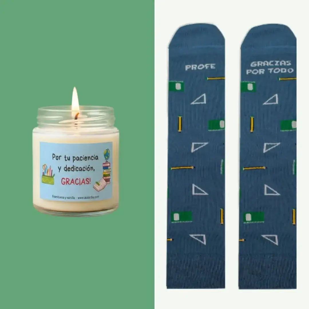 Detalle pack regalo profesor calcetines y vela artesanal hecho en España