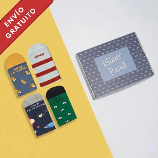 Pack Súper Papá Plus con 4 pares de calcetines divertidos en caja regalo para el Día del Padre