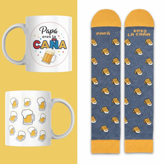 Set Día del Padre - Taza y Calcetines Papá Eres la Caña Regalo Completo - Talla 41/46 - Calcetines