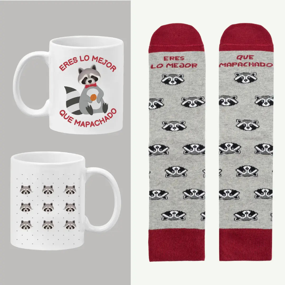 Calcetines caña media con mapaches y frase Eres lo Mejor que Mapachado - Set regalo Ausardia