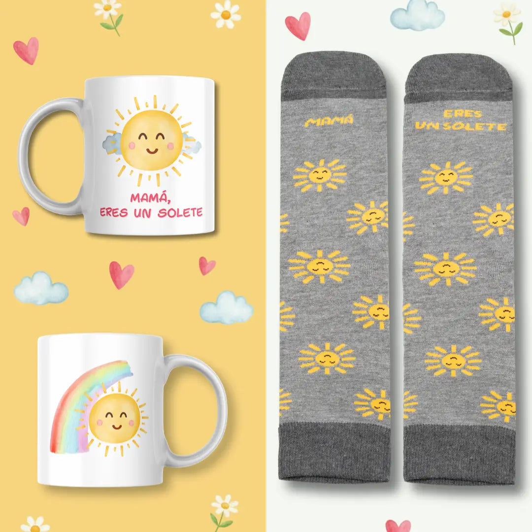 Set Mamá Eres Un Solete | Taza y calcetines regalo Día de la Madre | Ausardia