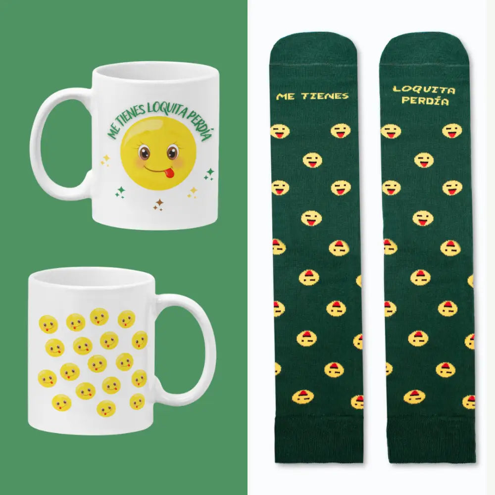 Set regalo pareja con mensaje 'Me tienes loquita perdía' - Calcetines y taza divertidos