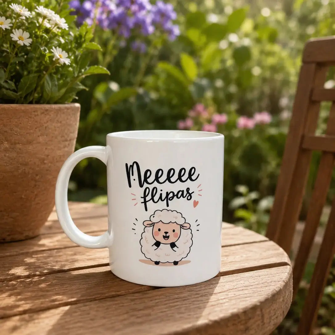 Taza blanca con el mensaje 'Meeee flipas' y una ilustración de una oveja, colocada sobre una mesa de jardín de madera. Al fondo se observan plantas y flores desenfocadas en un entorno exterior luminoso, con iluminación natural y estilo de catálogo premium