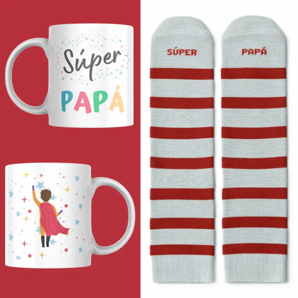 Set Súper Papá con taza cerámica 350ml y calcetines divertidos en caja regalo para el Día del Padre