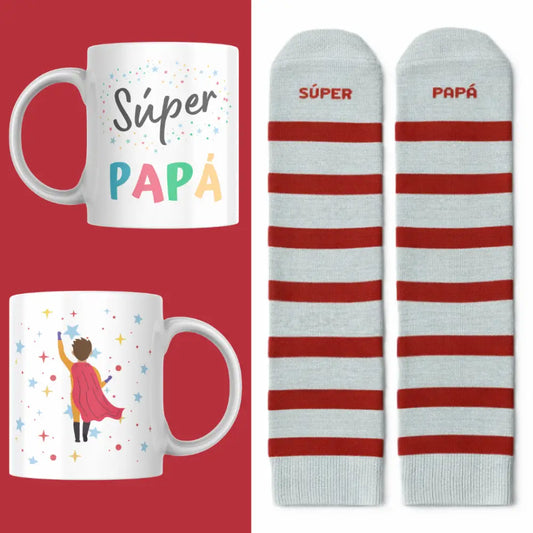 Set Súper Papá con taza cerámica 350ml y calcetines divertidos en caja regalo para el Día del Padre
