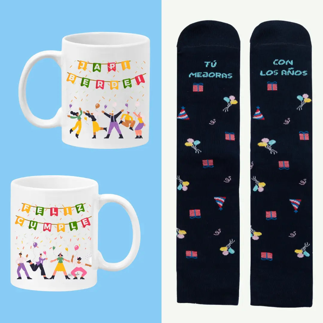 Set regalo cumpleaños taza cerámica y calcetines Tu mejoras con los años, fabricado en España