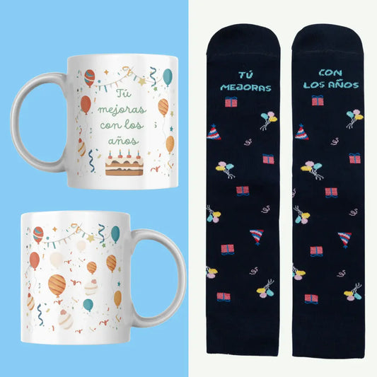 Set de taza y calcetines con mensaje 'Tú mejoras con los años', regalo original para hombre o mujer, ideal para cumpleaños, jubilación o celebraciones especiales.