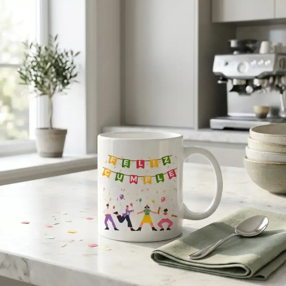 Detalle taza cerámica Feliz Cumple 350 ml apta microondas y lavavajillas - Ausardia