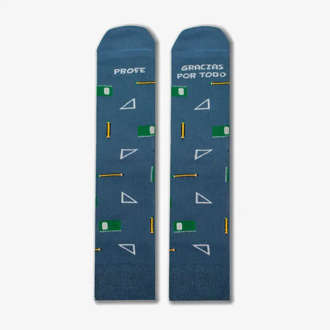 Set Gracias Profe - Detalle calcetines azules con frase en la puntera, fabricados en España - AUSARDIA