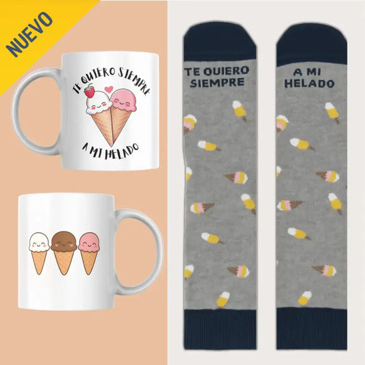 Set regalo pareja con mensaje 'Te quiero siempre a mi helado' - Calcetines y taza divertidos