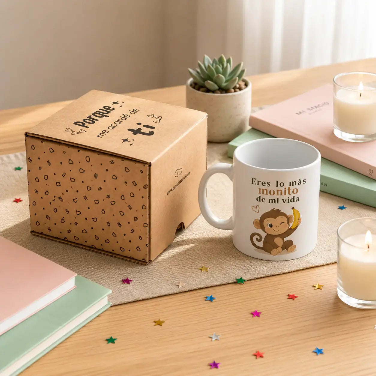 Taza personalizada “Eres lo más monito de mi vida” con dibujo de un mono sosteniendo un plátano, presentada junto a una caja regalo de cartón kraft sobre una mesa de madera clara con decoración delicada, velas y libros en un ambiente cálido y elegante de catálogo premium.
