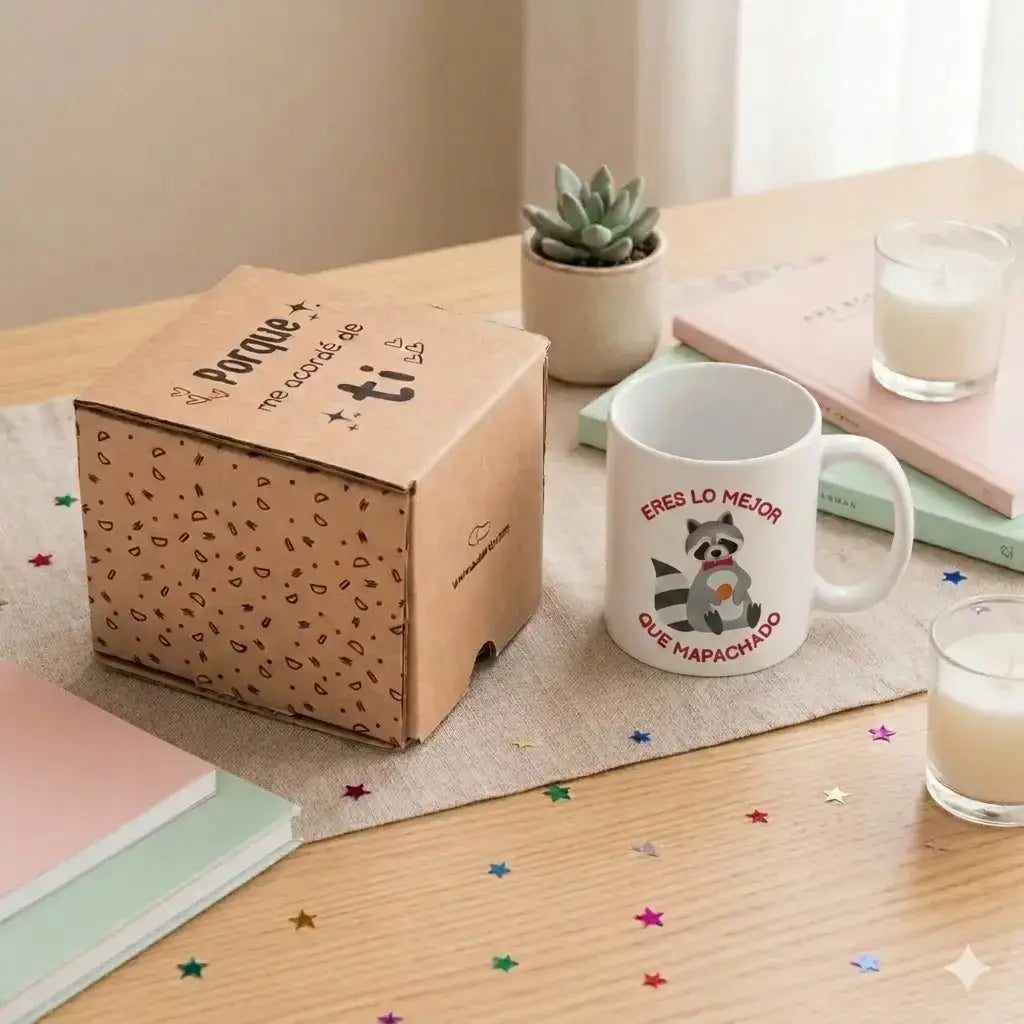 Taza con frase Eres lo mejor que me ha pasado sobre mesa con café, regalo romántico