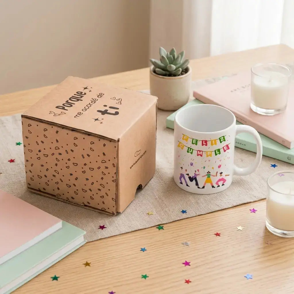 Taza cerámica Feliz Cumple 350 ml fabricada en España, regalo de cumpleaños original
