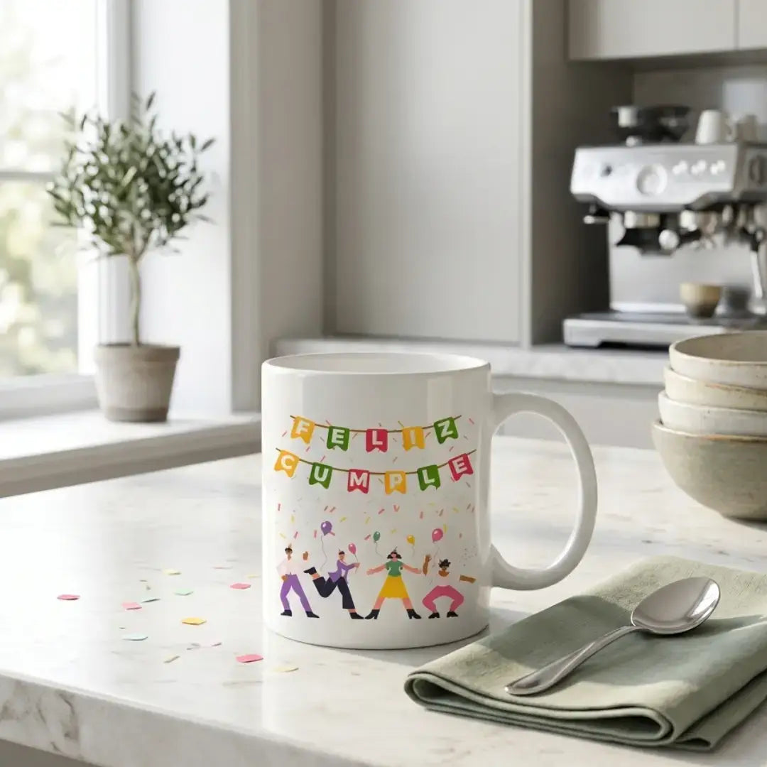 Detalle taza cerámica Feliz Cumple 350 ml apta microondas y lavavajillas - Ausardia