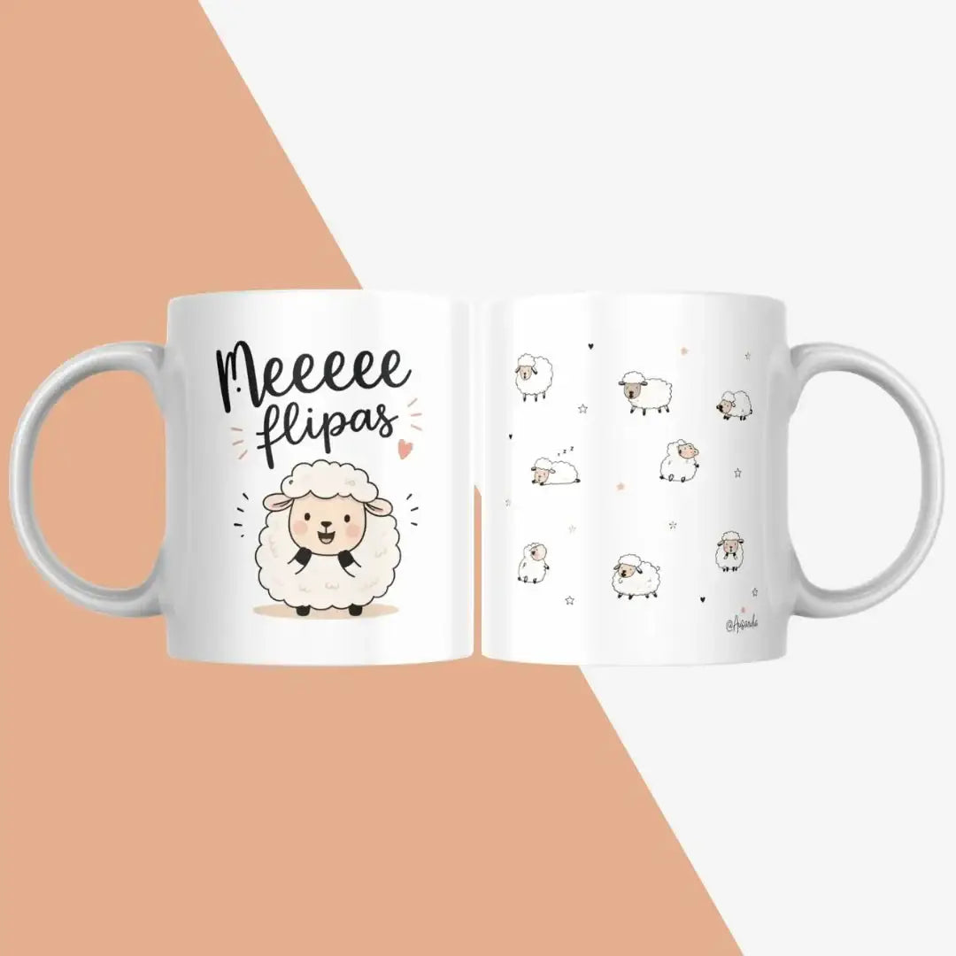 Taza personalizada con oveja y mensaje 'Meeee flipas', vista frontal del diseño completo