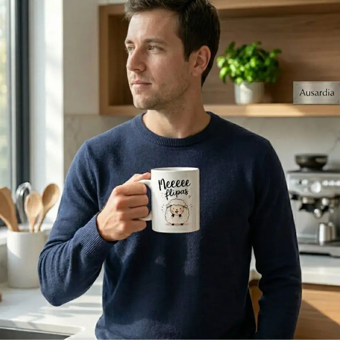 Chico sosteniendo una taza blanca con el mensaje 'Meeee flipas' y una ilustración de oveja, junto a una ventana en una cocina de estilo nórdico. La escena está iluminada con luz natural suave y presenta una decoración minimalista y acogedora.