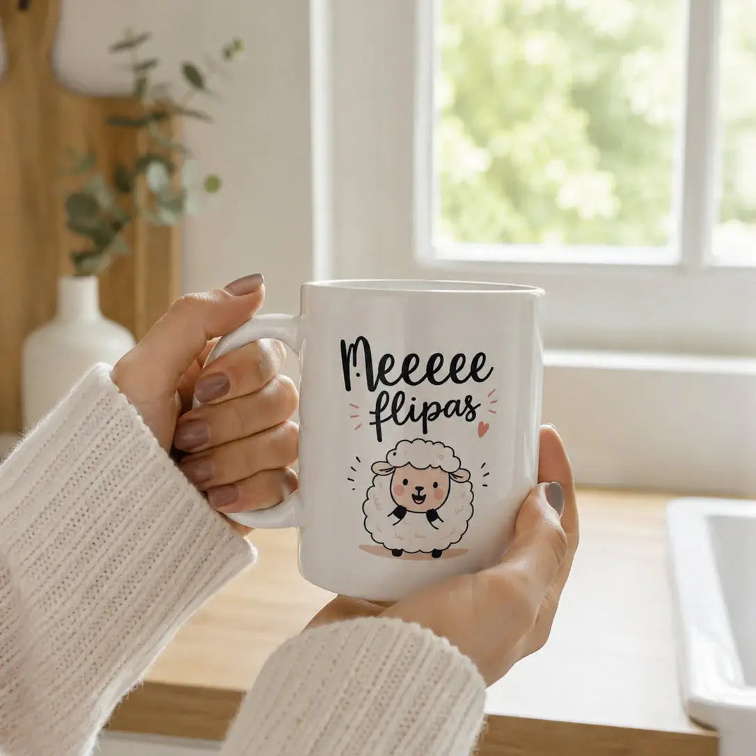 Mujer sujetando una taza personalizada con diseño de oveja y frase divertida 'Meeee flipas' frente a una ventana en una cocina escandinava luminosa, con ambiente cálido y estilo de catálogo premium.