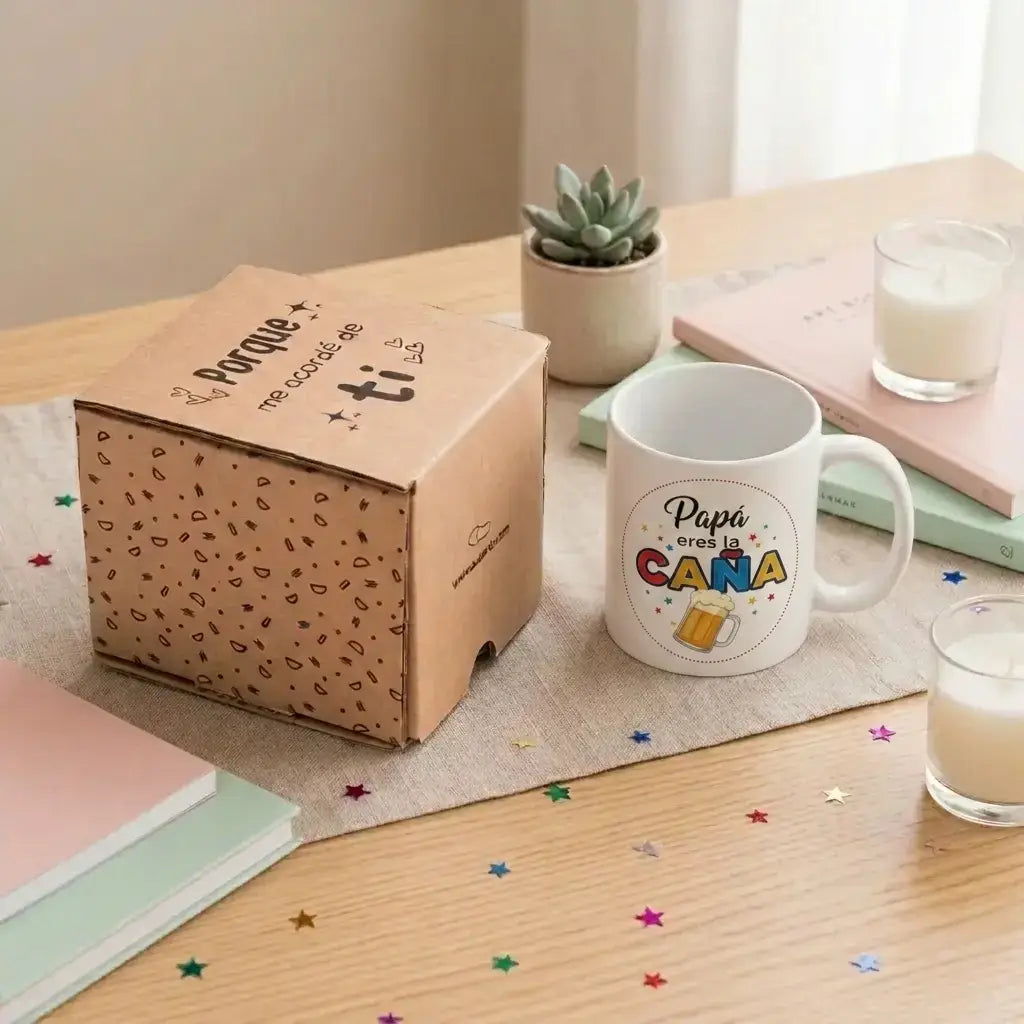 Taza Papá Eres La Caña en caja kraft regalo Día del Padre, fabricada en España
