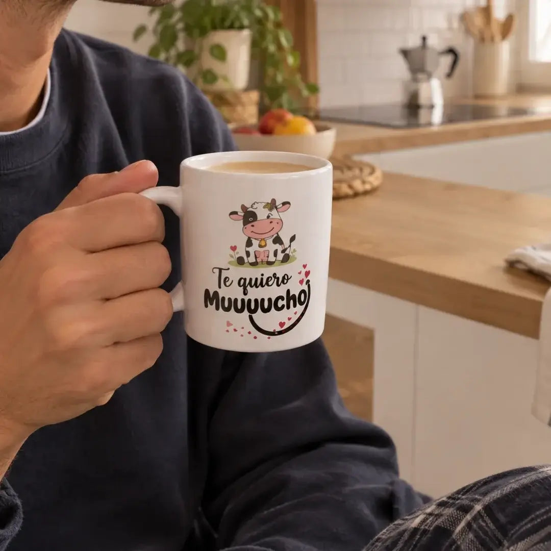 Chico tomando café en la taza “Te Quiero Muuuuucho”