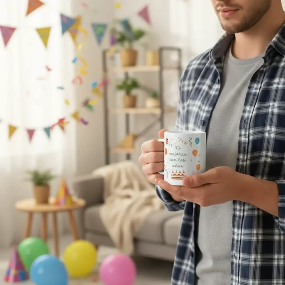 Chico sosteniendo taza de cerámica Tú Mejoras Con Los Años – Regalo de cumpleaños – Ausardia
