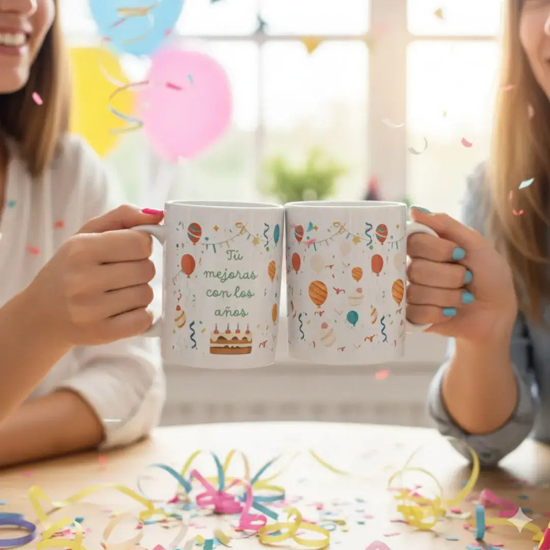 Foto de producto de primer plano de una taza de café premium con el mensaje 'Tú mejoras con los años', fondo neutro y estética limpia.